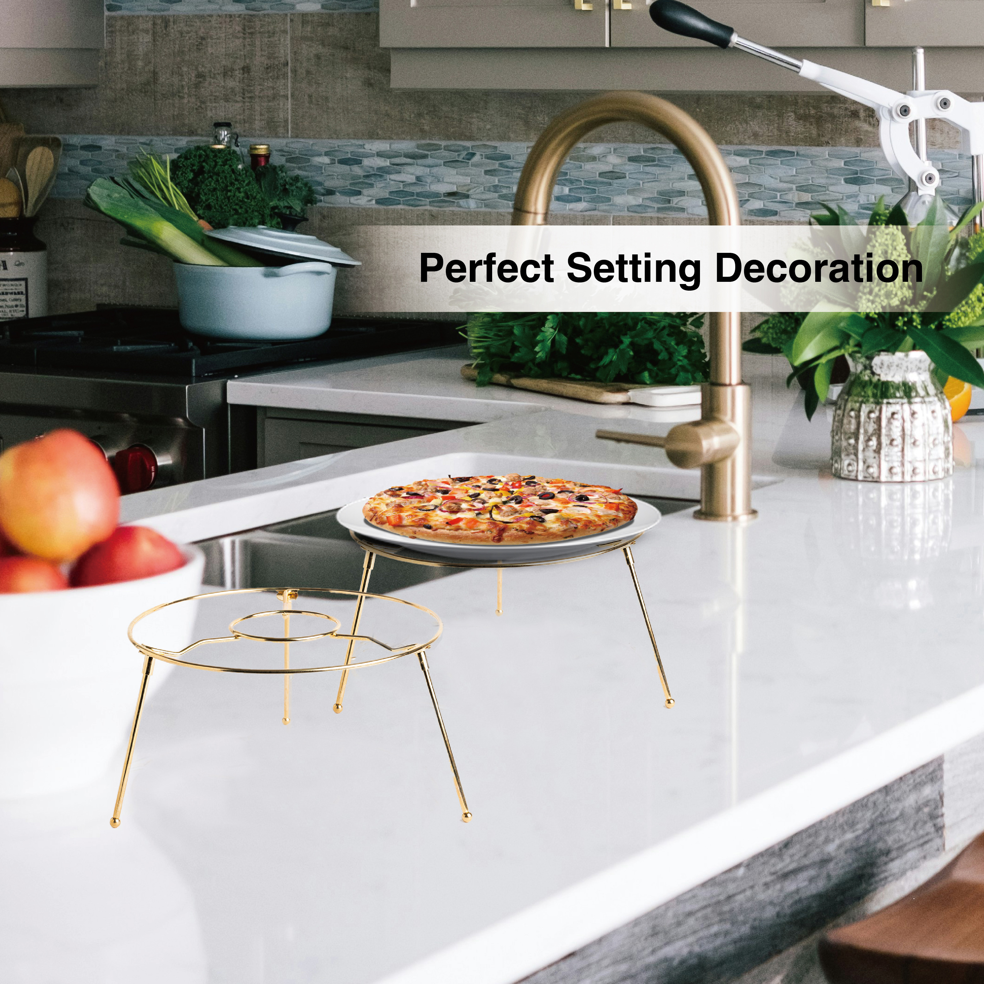 HOHIYA 9 Inch Pizza Stand Holder Riser 4-Pack Heavy Duty Metal Food Display Risers for Buffet Tables Restaurant Pizza Serving Rack Brass Gold